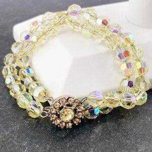 VINTAGE Yellow peridot green AB coated double-strand glass beaded bracelet